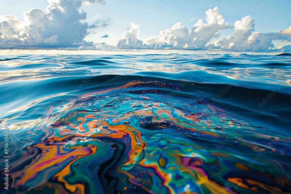 A beautiful blue ocean with a colorful oil spill in the middle. The oil spill is creating a unique and artistic effect on the water - obrazy, fototapety, plakaty 