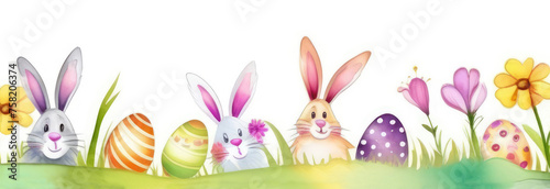 Watercolor Easter border with Easter bunnies, eggs, flowers and green grass.
