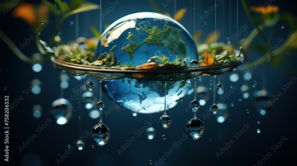 Earth planet with water drops and flowers on dark background Earth planet with water drops and flowers on dark background