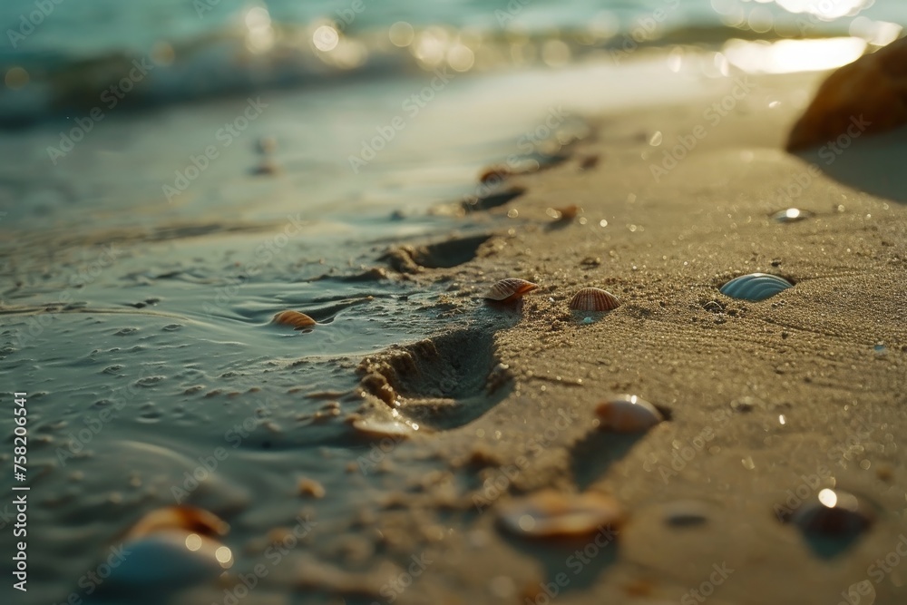 Close-up of ocean foam and seashells on a beach, capturing the textures and details with sunlight reflections.
Close-up of ocean foam and seashells on a beach, capturing the textures and details with sunlight reflections.