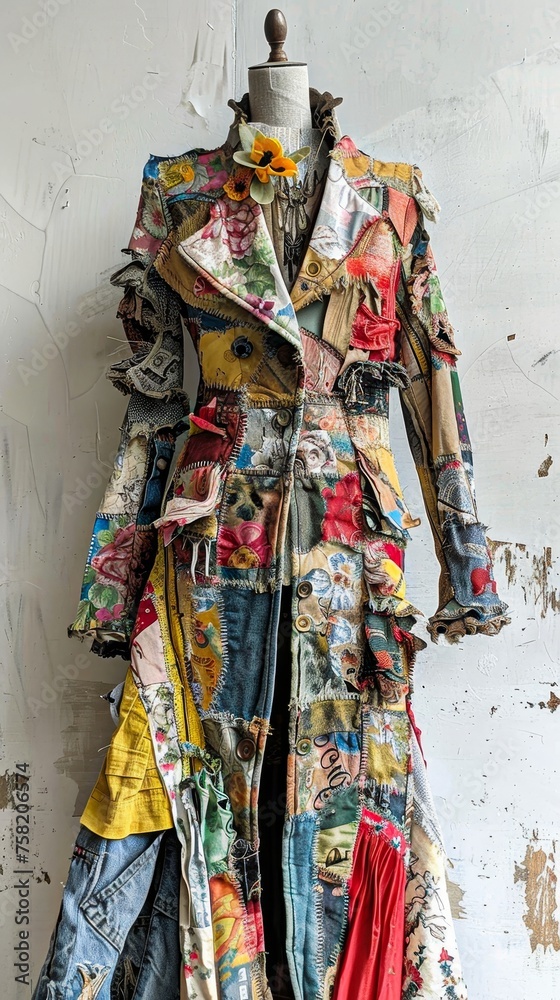A woman is wearing a colorful, patchwork coat. The coat is made of various pieces of fabric, and it has a unique, eclectic style. The woman is standing in front of a white wall