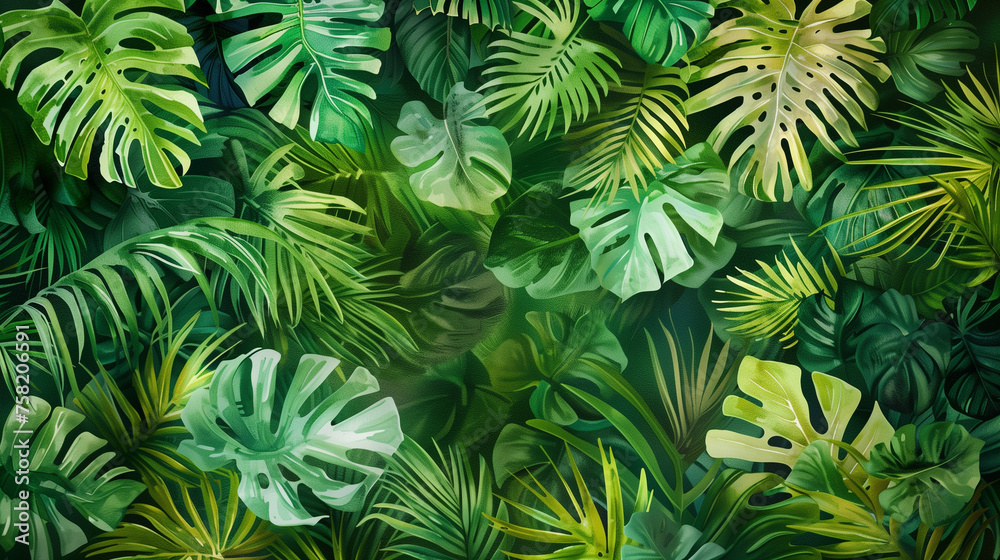 Tropical Leaf Pattern, Green Foliage Texture, Vibrant Botanical Background