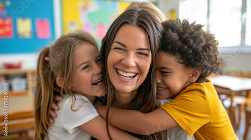 female teacher is being hugged joyfully by two young children