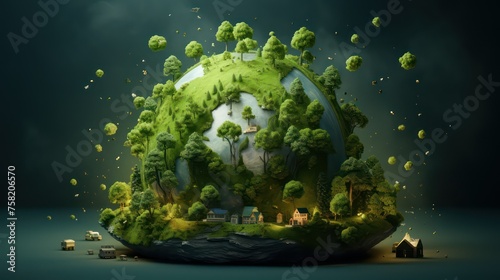Fantasy landscape with planet earth and forest.