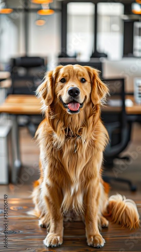 A large golden retriever is sitting in front of a desk with a chair. The dog appears to be happy and relaxed, with its tongue hanging out. The scene suggests a comfortable and welcoming atmosphere