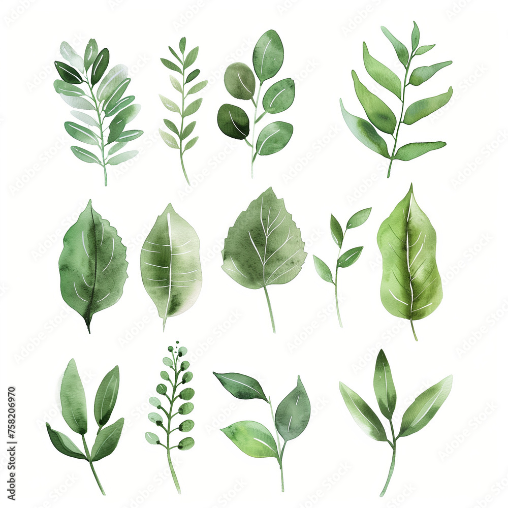 Green watercolor foliage collection, botanical illustrations on white background - obrazy, fototapety, plakaty 