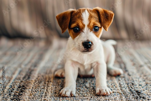 A small brown and white dog is sitting on a couch. The dog has a curious look on its face