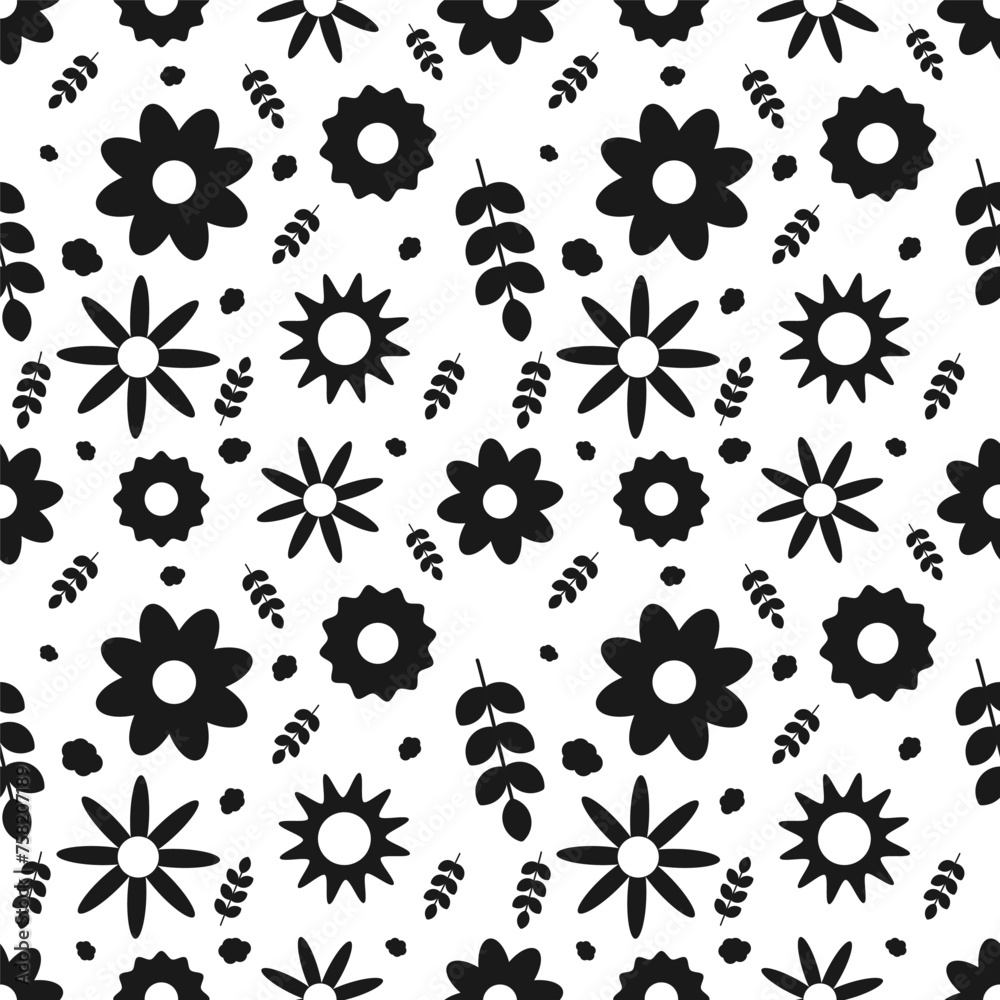 Seamless spring pattern with flowers and stems with leaves. Black and white. Seamless spring pattern with flowers and stems with leaves. Black and white.