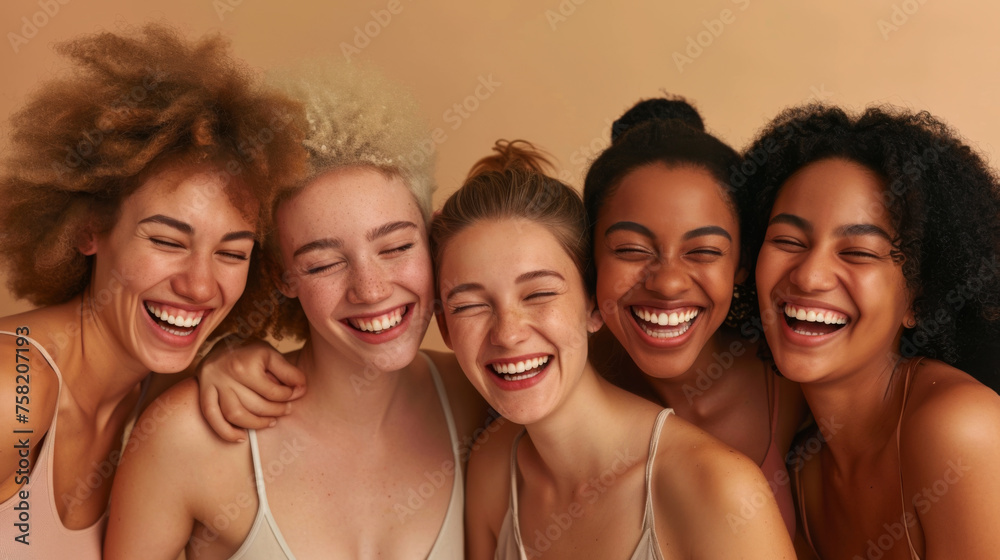 diverse group of five joyful young women are tightly huddled together diverse group of five joyful young women are tightly huddled together