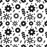 Seamless spring pattern with flowers and stems with leaves. Black and white. 