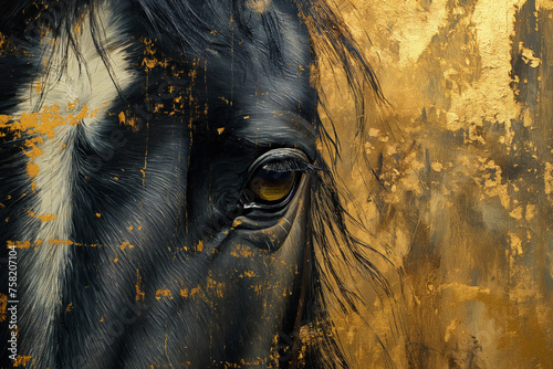 Pferd abstrakte Malerei, Ölfarbe, goldene und schwarze Pinselmalerei