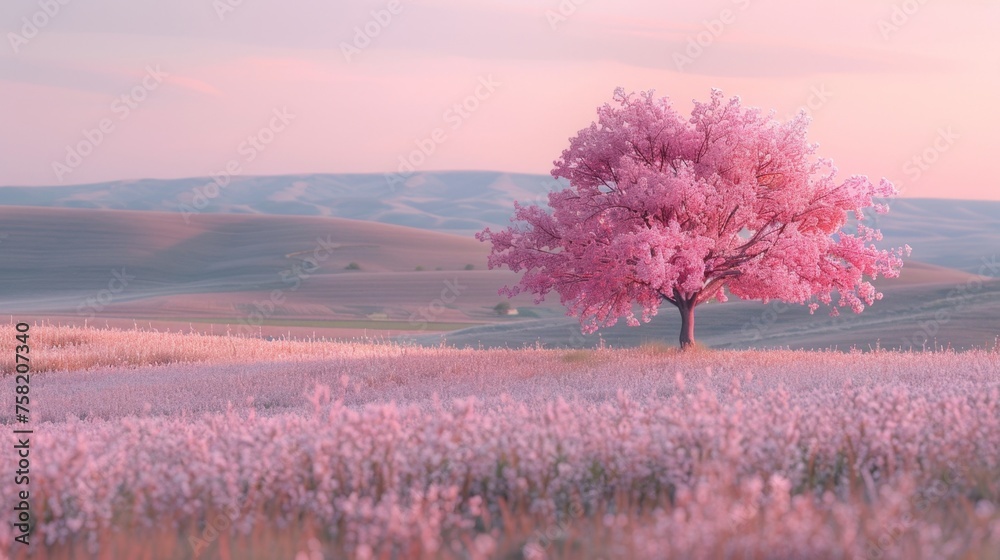 A lone cherry blossom tree in full bloom, its delicate flowers a slightly brighter shade of pink, stands as the focal point.