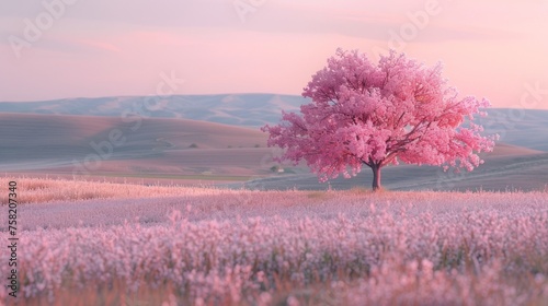 A lone cherry blossom tree in full bloom  its delicate flowers a slightly brighter shade of pink  stands as the focal point.