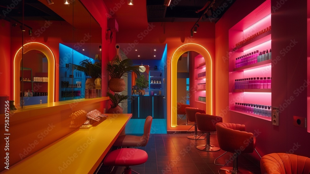 amazing beauty salon interior, amazing dark color grading with pink and yellow accents, dim lighting