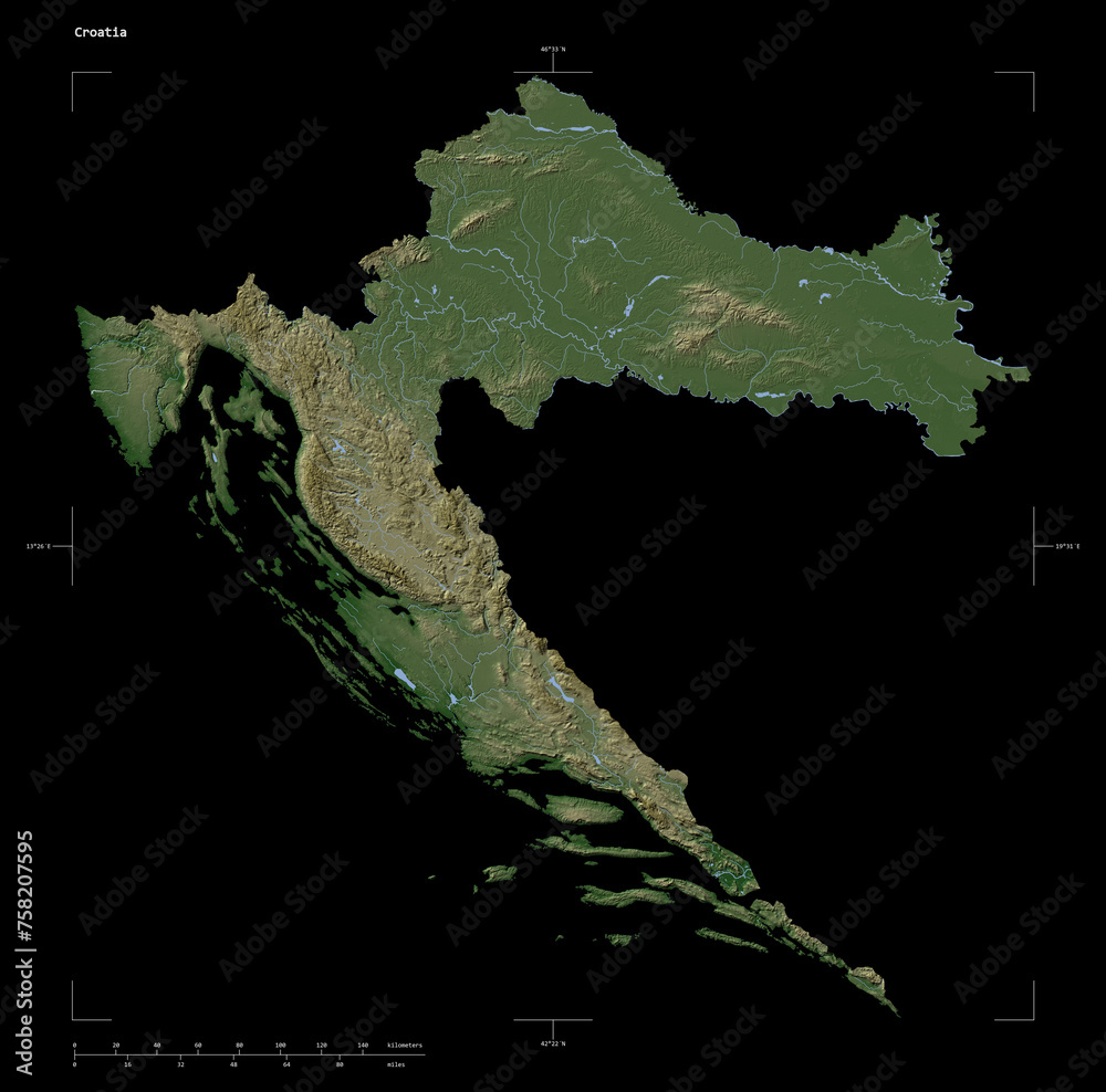 Obraz premium Croatia shape isolated on black. Pale elevation map