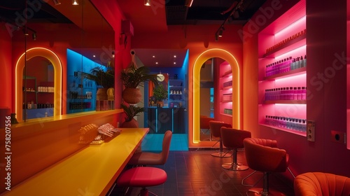 amazing beauty salon interior, amazing dark color grading with pink and yellow accents, dim lighting