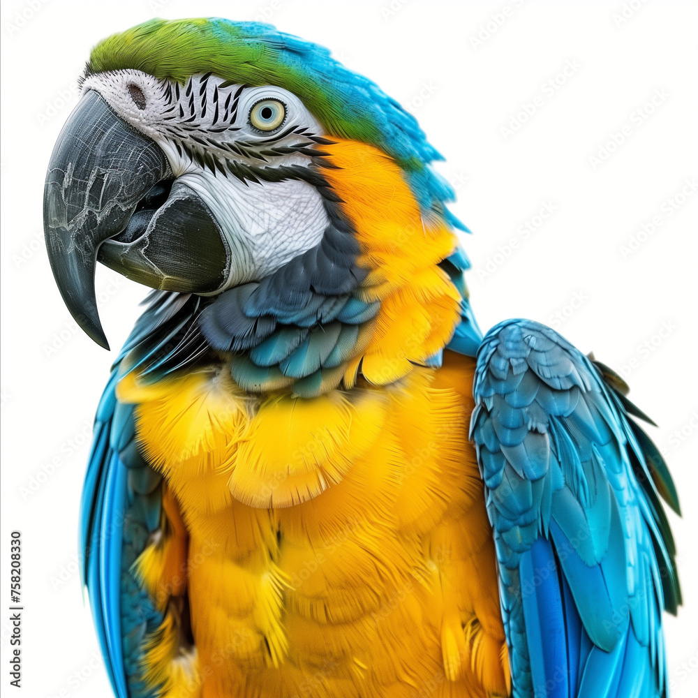 Front View of Blue and Yellow Macaw Parrot, Detailed Avian Photography

