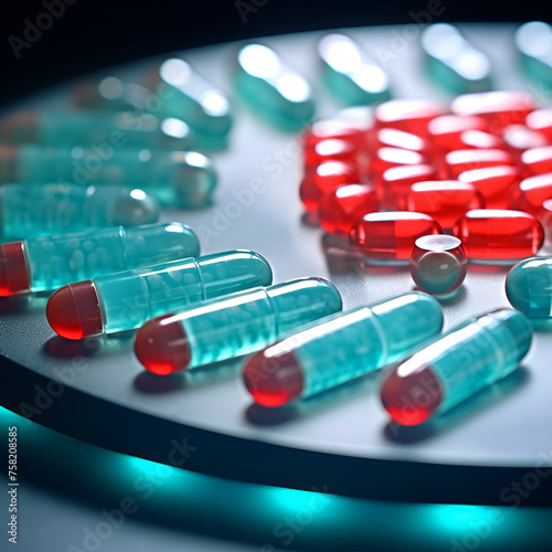 Capsules of red and blue pills on a black background.
health care
Heap of medical pills in white, blue and other colors. Pills in plastic package. Concept of healthcare and medicine.

