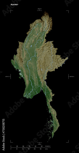 Myanmar shape isolated on black. Pale elevation map