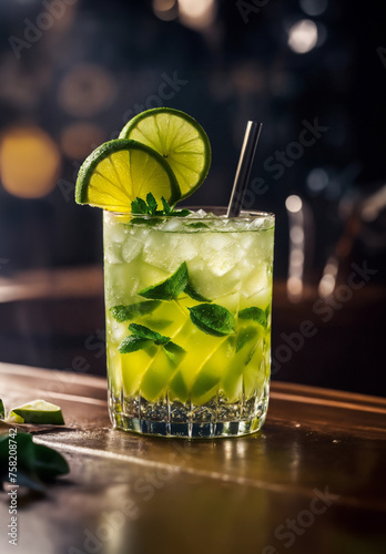 glass of caipirinha with lemon and a straw