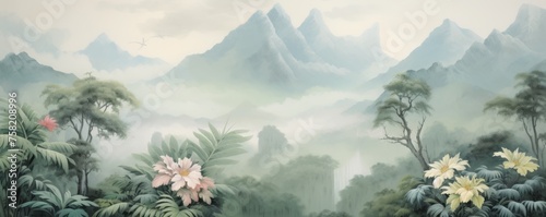 Watercolor pattern wallpaper. Painting of a flowers and misty mountains jungle landscape.