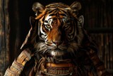 A tiger in samurai armor, blending into shadows, vibrant orange barely visible
