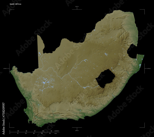 South Africa shape isolated on black. Pale elevation map