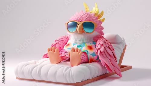 Baby-eagle laying on a sunbed, adorned with sunglasses and a flower-pattern shirt in pastel colors