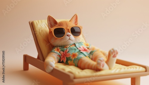 A serene baby-cat, adorned with sunglasses and a flower-patterned shirt, reclines on a sunbed