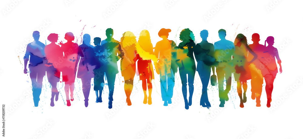Obraz premium Isolated watercolor painting of silhouette of diverse people. LGBT community. Pride Month. 