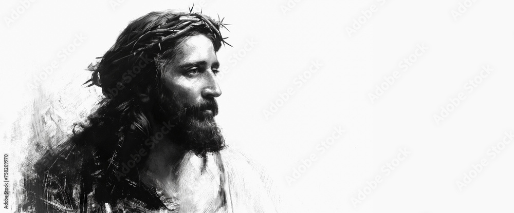 Sketch of profile of Jesus Christs with crown of thorns on his head against white plain background with copy space.