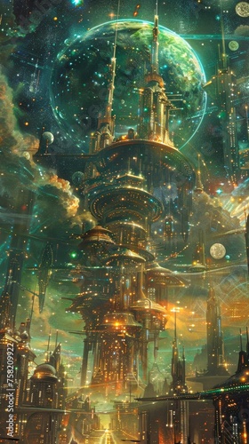 A cityscape with a large green building and a planet in the background. The city is lit up with bright lights, giving it a futuristic and otherworldly feel