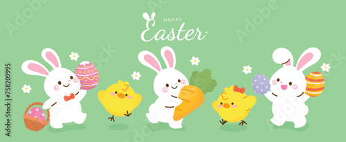 Happy Easter day background vector. Cute wallpaper of lovely white rabbit, easter eggs, bunny, flower, carrot, basket, chick. Spring holiday illustration for banner, greeting card, social media.