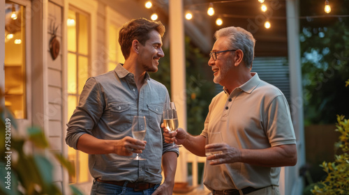 two men sharing a happy moment with glasses of champagne, during an evening outdoor gathering
