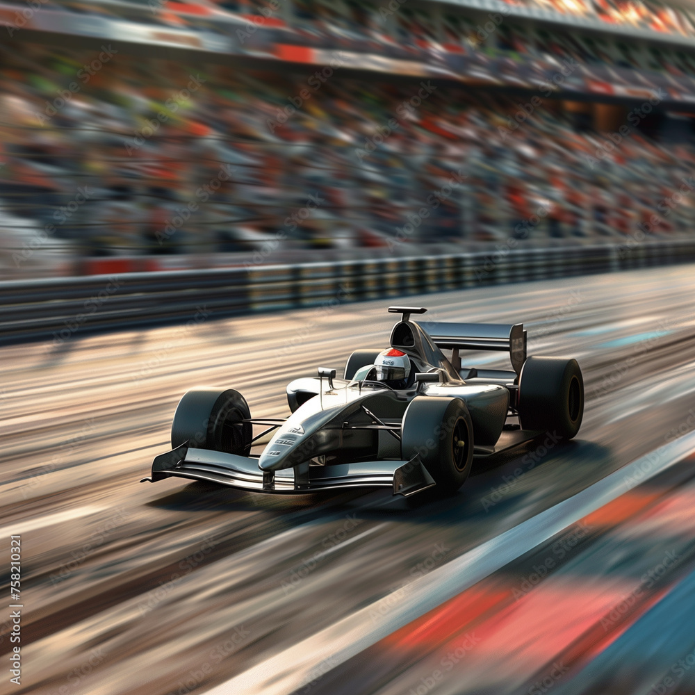 Race car speeding on a track with blurred crowd. - obrazy, fototapety, plakaty 
