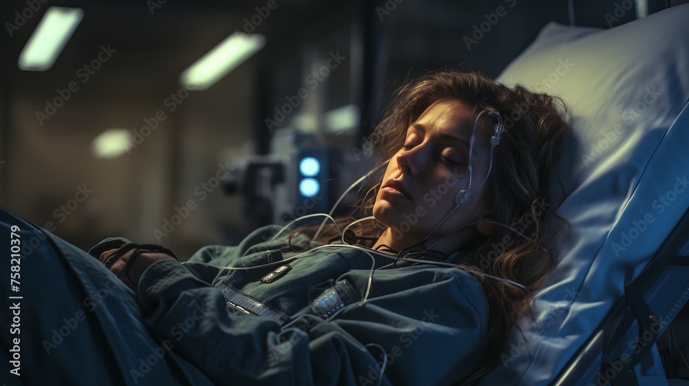 Middle-aged woman lies in a hospital ward connected to medical equipment.

 - obrazy, fototapety, plakaty 