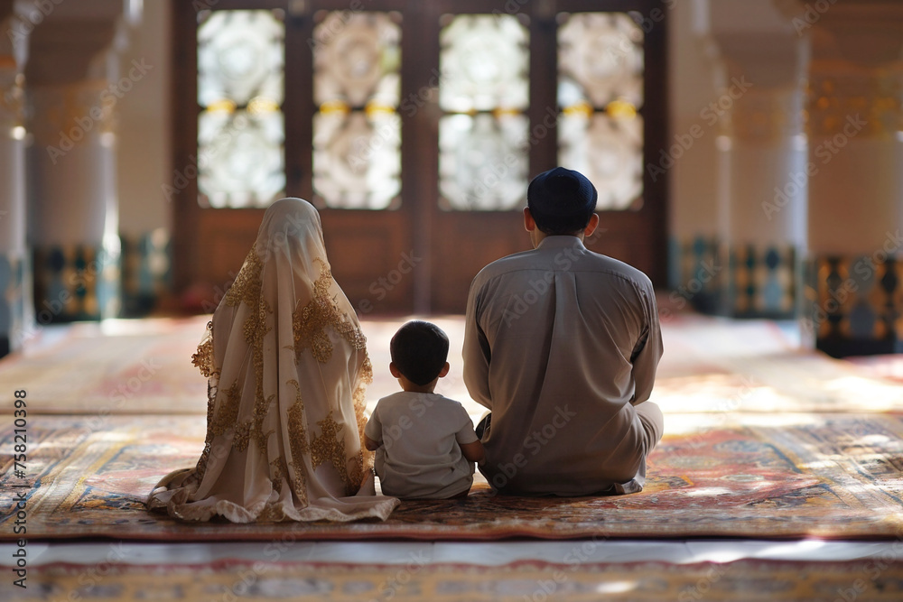 Obraz premium Muslim family praying in mosque.