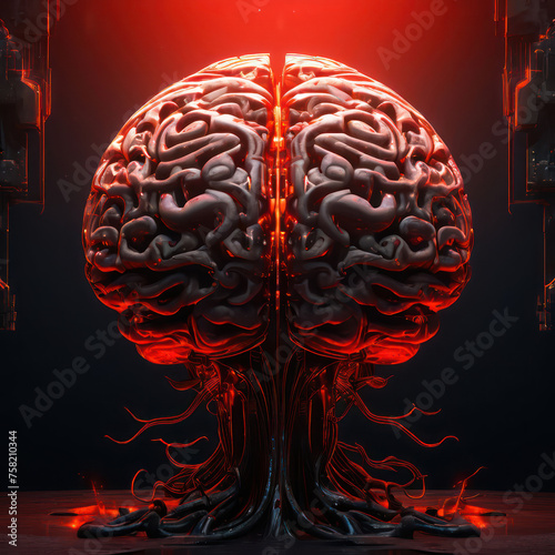 brain with artificial intelligence connected to technology with circuits and cables