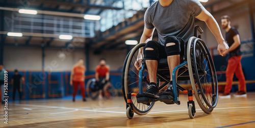 Man, individual with disabilities, wheelchair user while sports activity on sport court. Wheelchair users in professional sports. photo