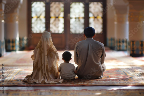 Muslim family praying in mosque.