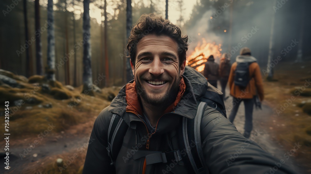 Hiker taking a selfie with friends in the forest. Hiking concept.