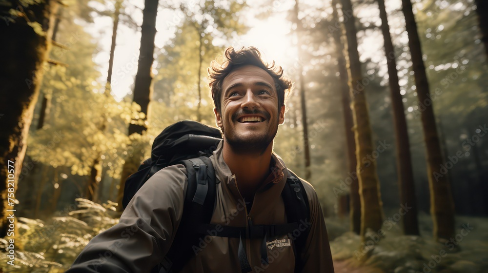 Portrait of a smiling young man taking a selfie in a forest Portrait of a smiling young man taking a selfie in a forest