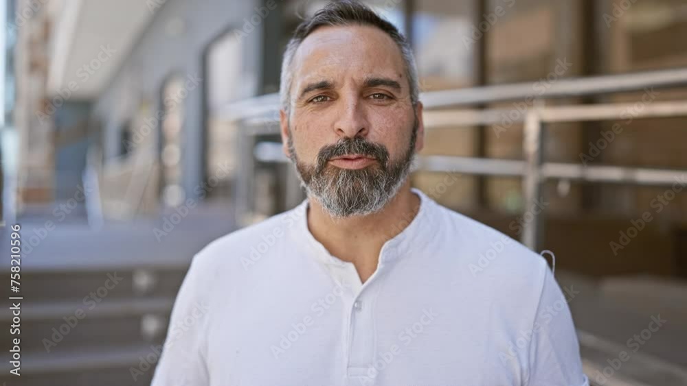 A mature bearded man with grey hair smiling in a white shirt on an urban street. A mature bearded man with grey hair smiling in a white shirt on an urban street.