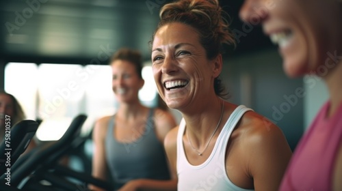 Group of women working out on treadmills. Ideal for fitness and health-related projects