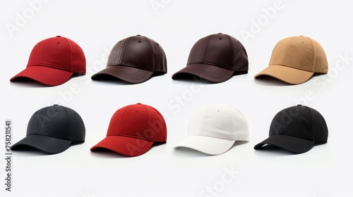 Collection of baseball caps on a plain white background. Suitable for fashion or sports concept