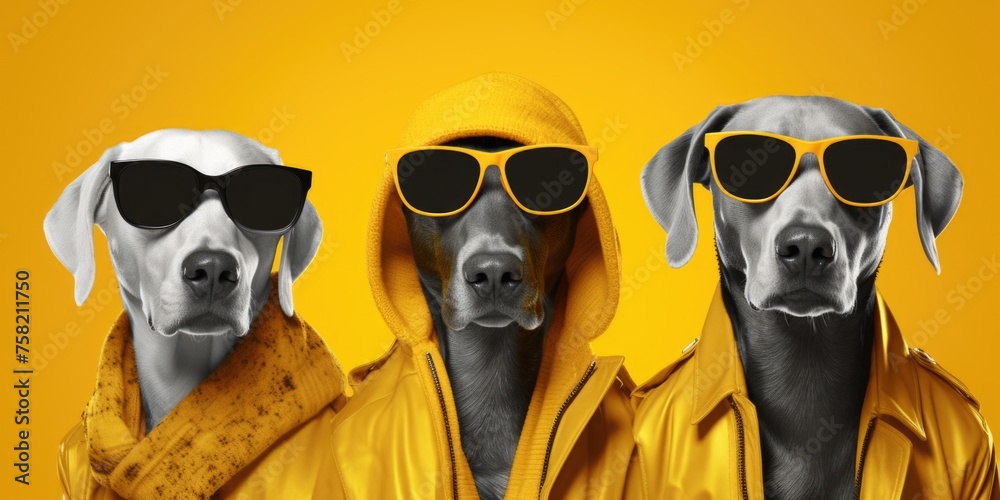 Two dogs wearing sunglasses and a yellow raincoat, perfect for pet fashion concepts