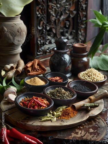 Traditional Thai Spices on Ornate Si BK Style Table A Culinary Journey