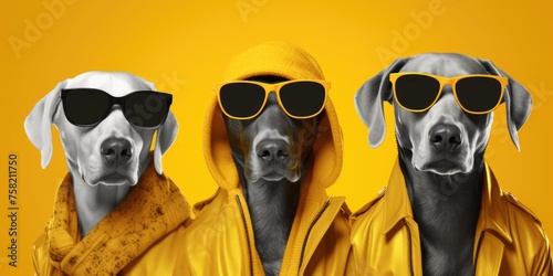 Two dogs wearing sunglasses and a yellow raincoat, perfect for pet fashion concepts photo