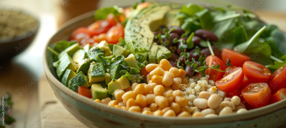 Colorful Vegan Cuisine, Close-Up of Salad Bowl with Avocado and Grains Colorful Vegan Cuisine, Close-Up of Salad Bowl with Avocado and Grains