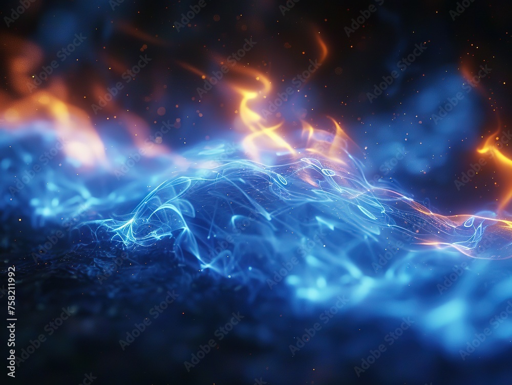 blue wave of energy, with particles and lights floating in the air. The dark space background